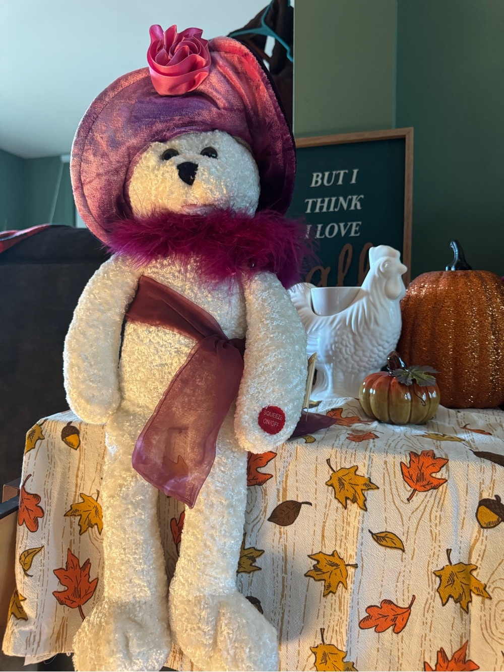 Plush White Bear Holiday Decor with Pink Hat & Scarf
